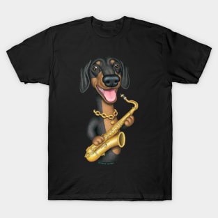 Cute Doxie Dog with saxophone on Dachshund Sax Player tee T-Shirt